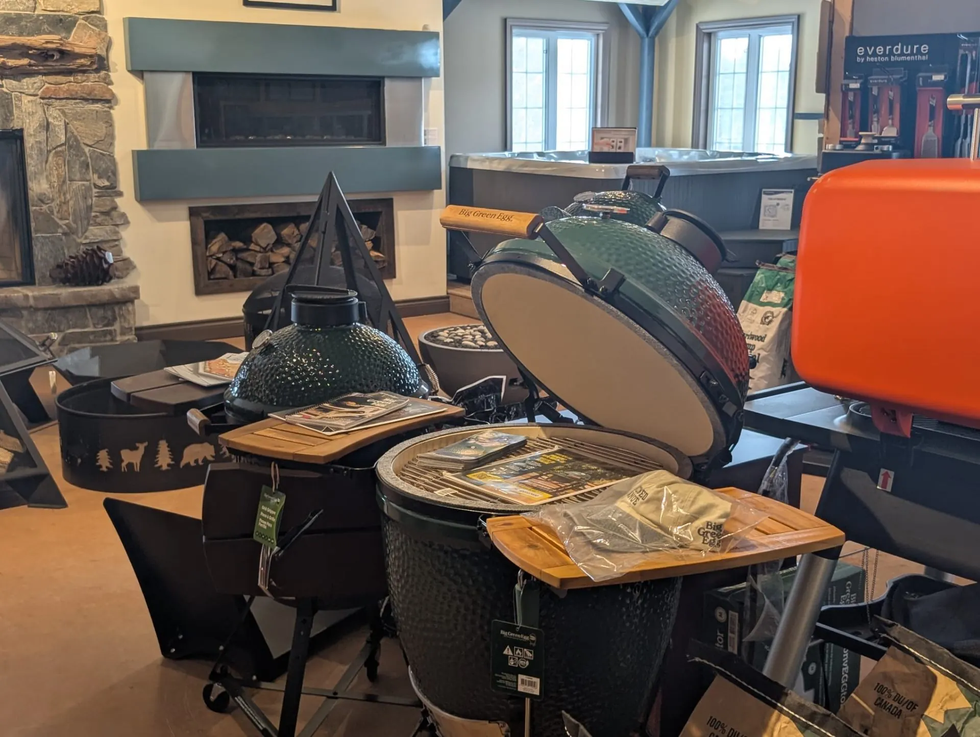 Big Green Egg kamado grills displayed on the showroom floor