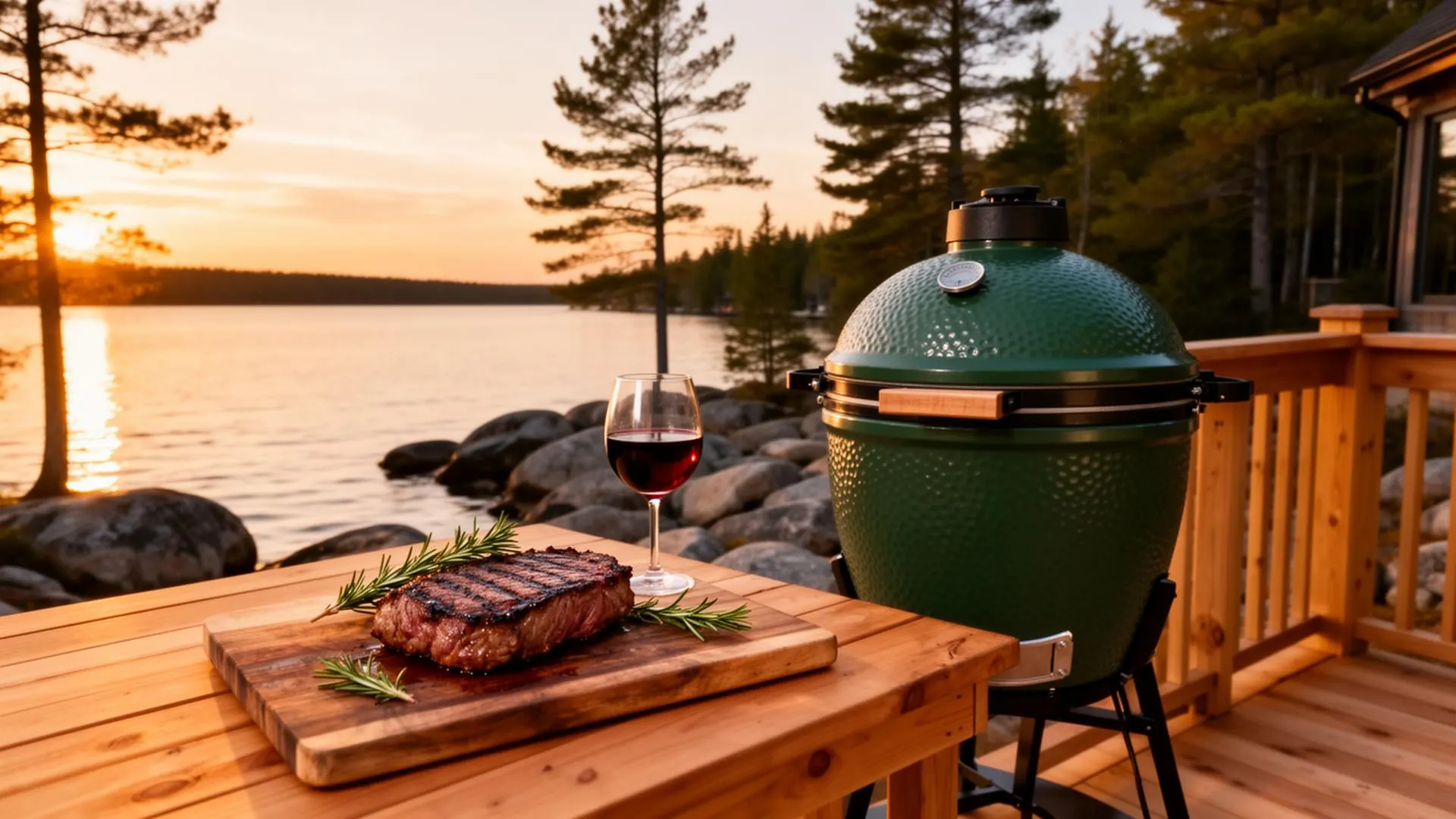 Charcoal grill and outdoor kitchen set up on a lakeside patio