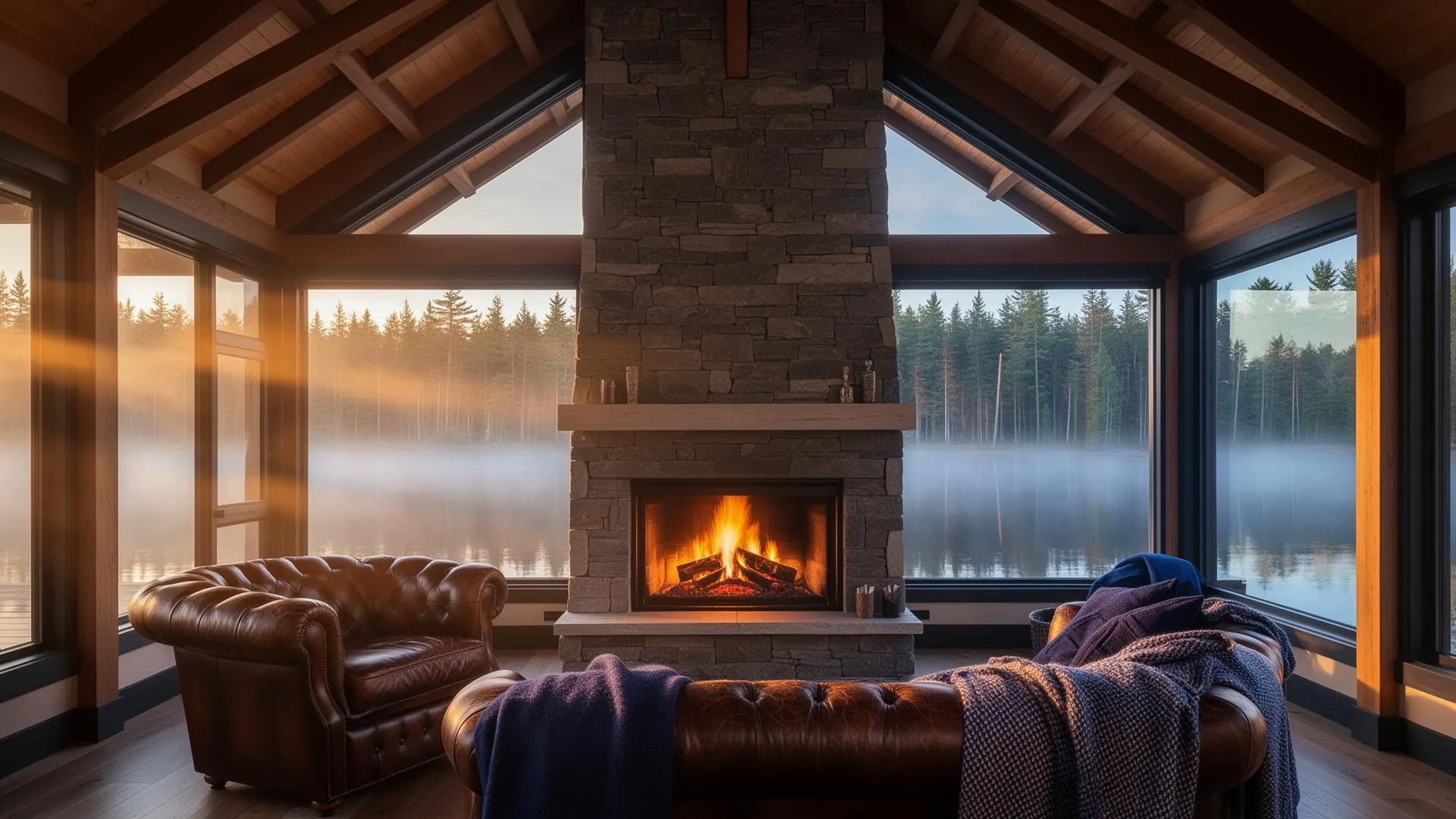 Stone fireplace burning in a Muskoka cottage great room, misty lake beyond the windows at golden hour