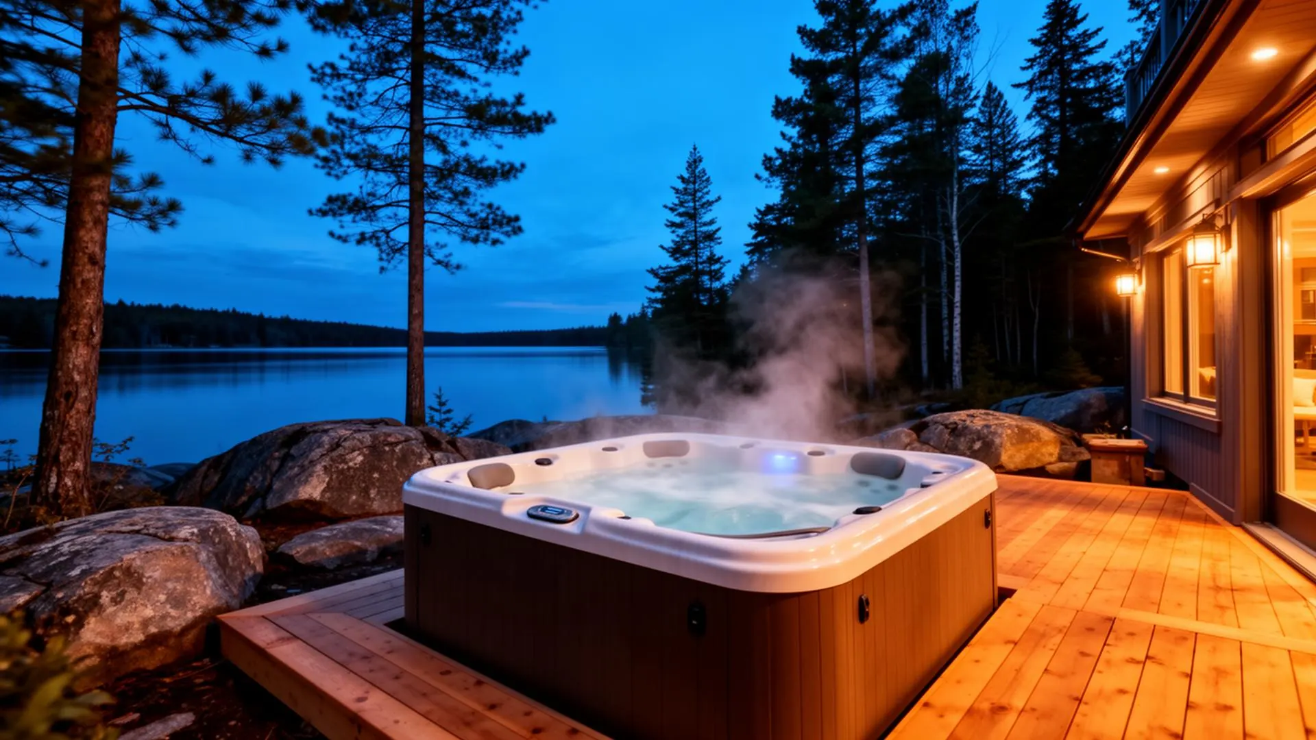 Beachcomber hot tub steaming on a cottage deck at dusk
